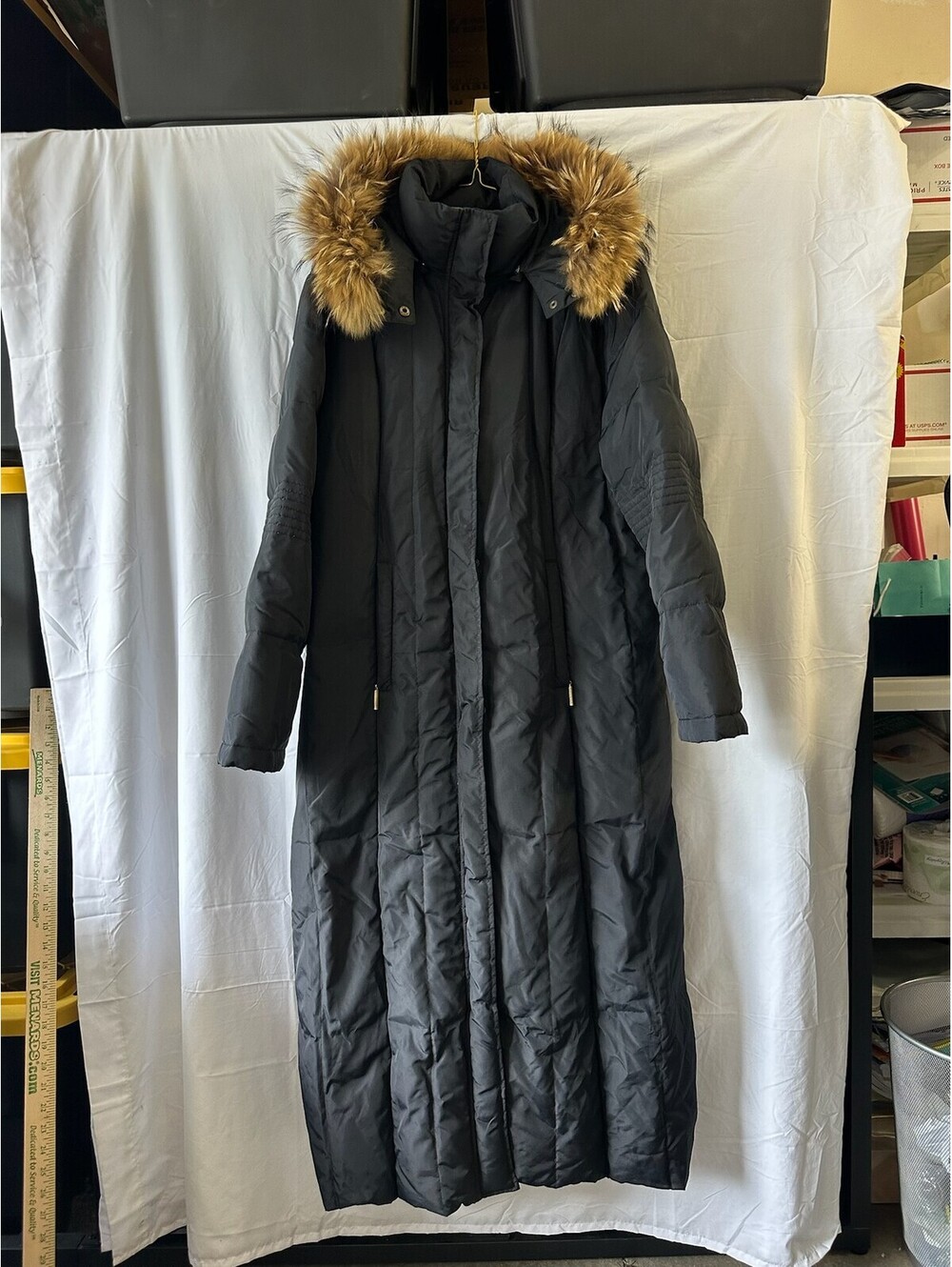 Dana Buchman Women's Long Down Puffer Coat Fur Hood Black Size XL E-5